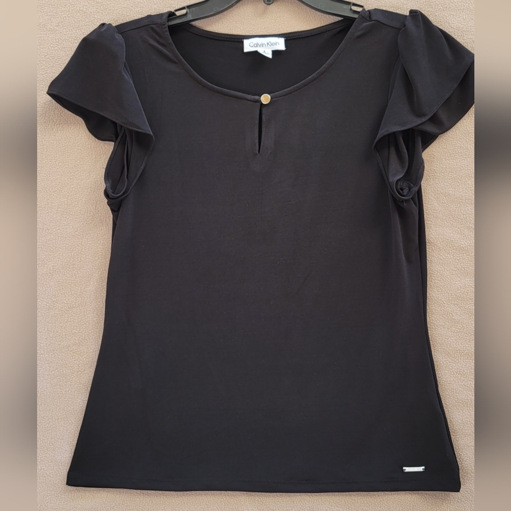 Calvin Klein Black Flutter Sleeve Blouse Top Size S Stretch Keyhole Back